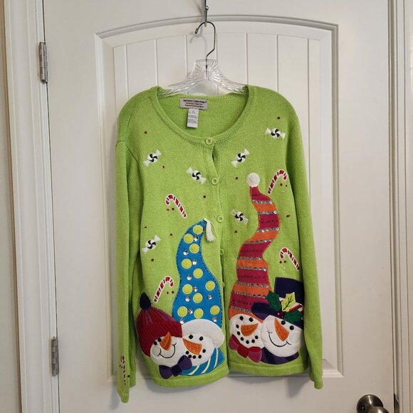 Heirloom Collectibles Christmas Collection Snowman Green Cardigan Sweater XL Cot - Picture 5 of 13